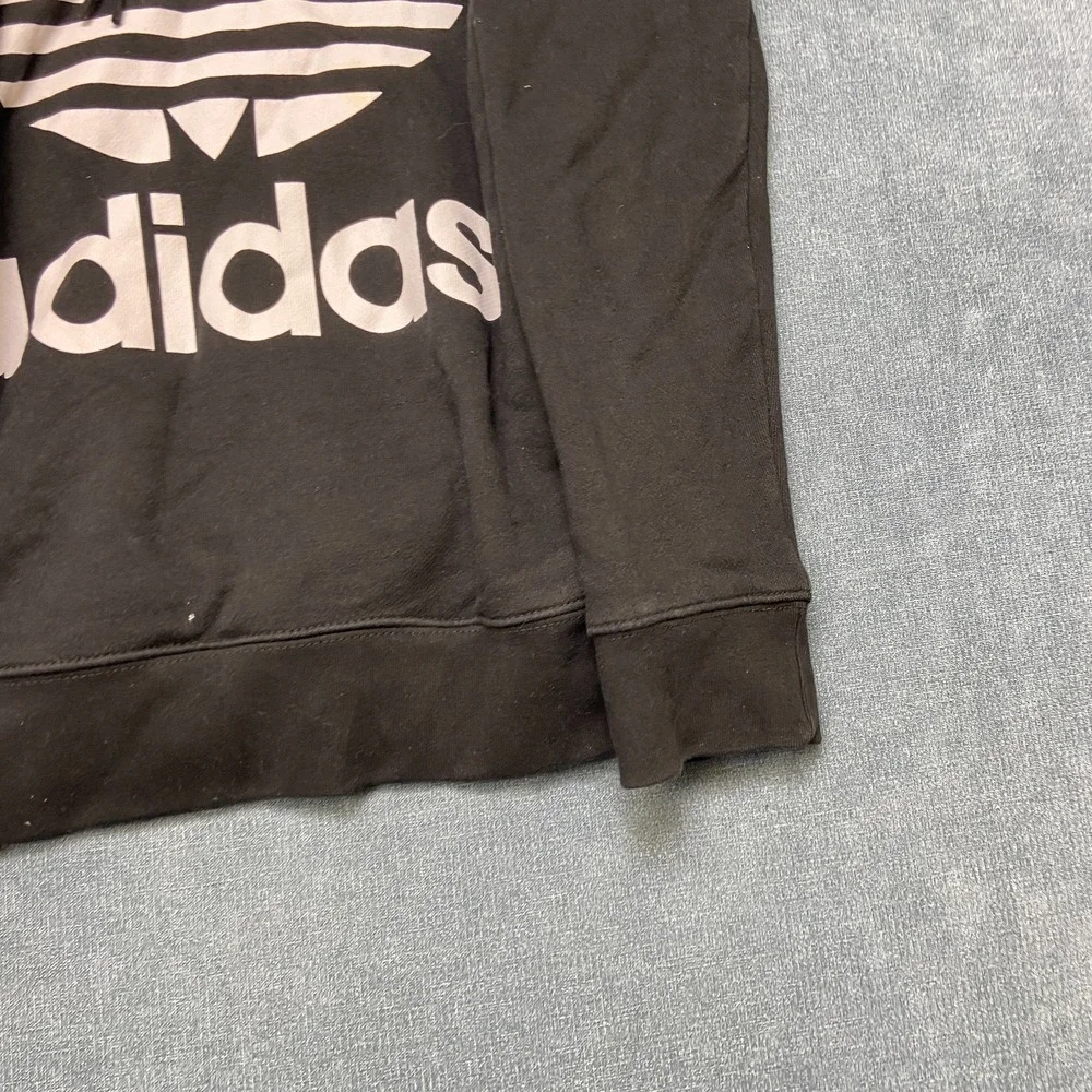 Adidas Trefoil Hoodie Mens M Black Graphic Logo Drawstring Ribbed Hem Pullover